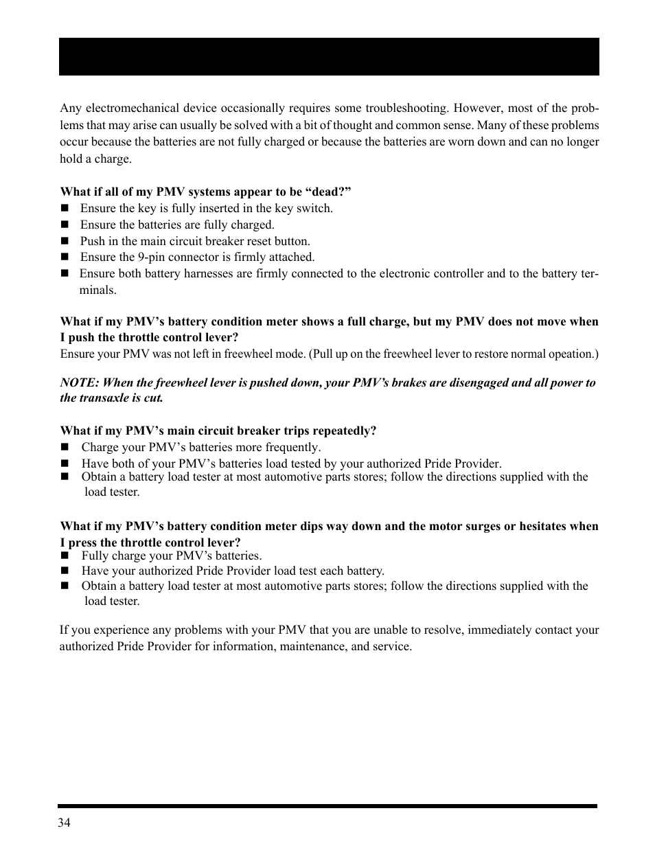 Viii. basic troubleshooting | Pride Mobility Wrangler User Manual | Page 34 / 44