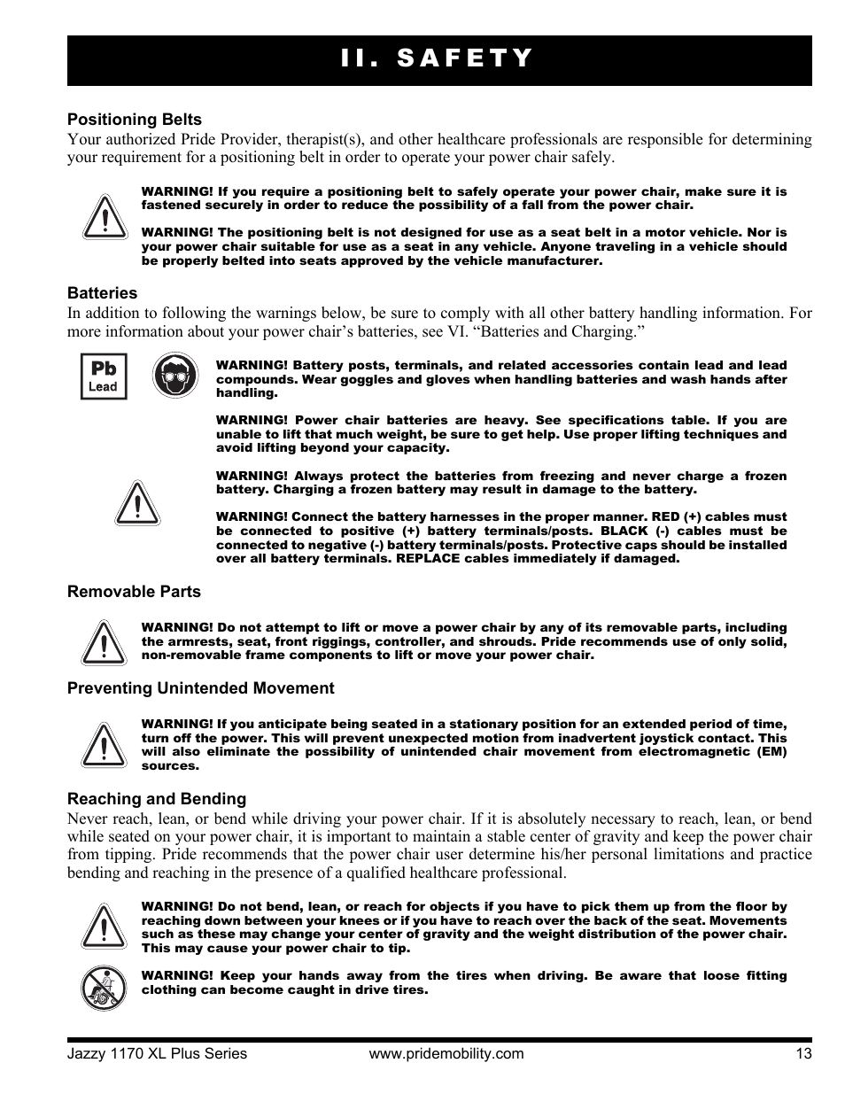 Ii. safety | Pride Mobility 1170XL Plus 2VHD User Manual | Page 13 / 40