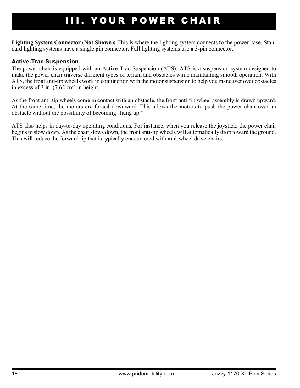 Iii. your power chair | Pride Mobility 1170XL Plus 2VHD User Manual | Page 18 / 40
