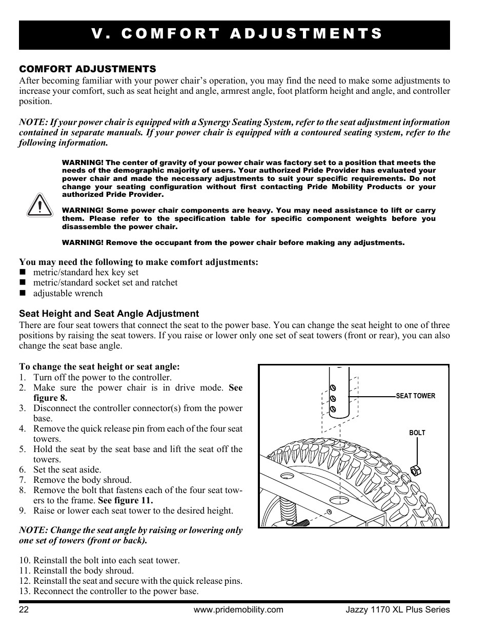 V. comfort adjustments | Pride Mobility 1170XL Plus 2VHD User Manual | Page 22 / 40