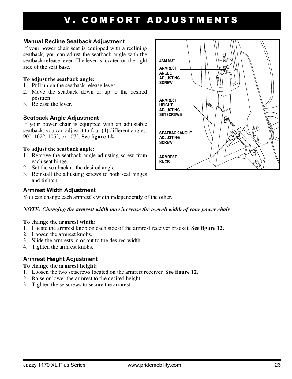 V. comfort adjustments | Pride Mobility 1170XL Plus 2VHD User Manual | Page 23 / 40