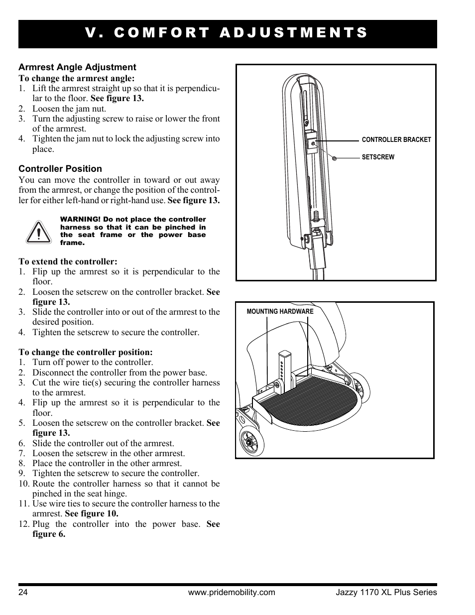 V. comfort adjustments | Pride Mobility 1170XL Plus 2VHD User Manual | Page 24 / 40