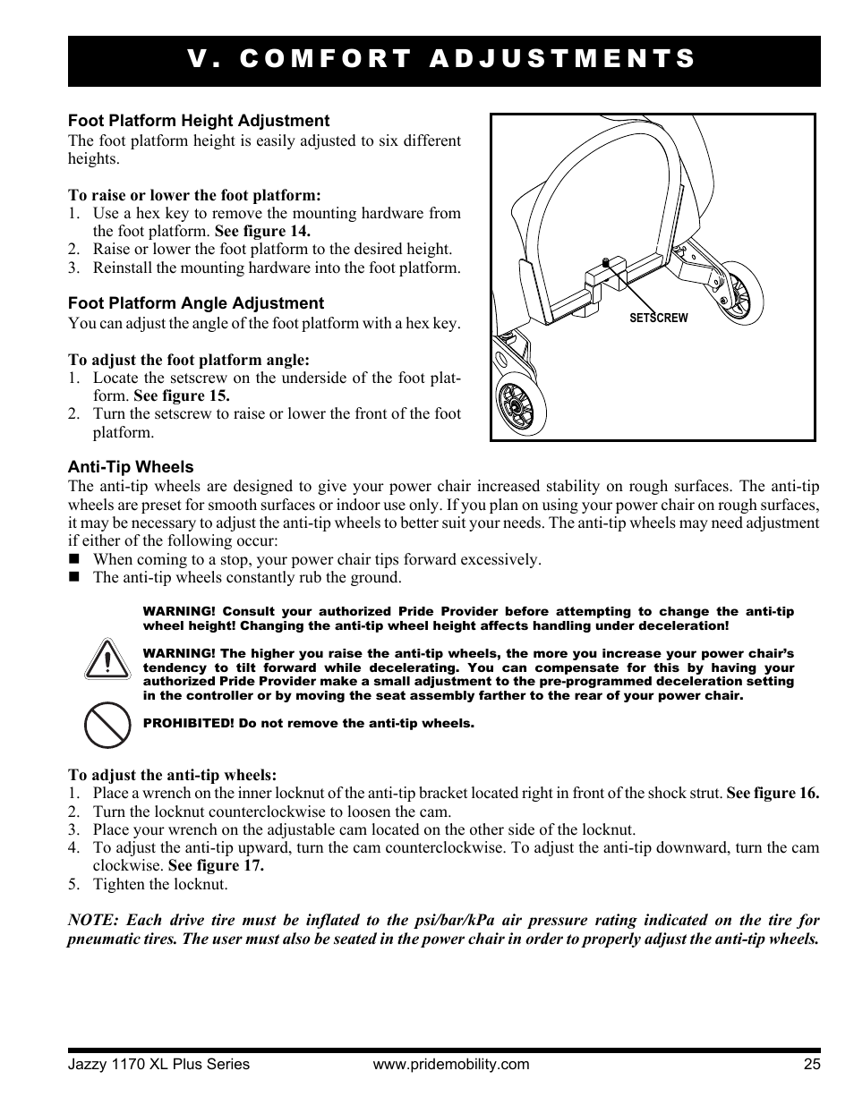 V. comfort adjustments | Pride Mobility 1170XL Plus 2VHD User Manual | Page 25 / 40