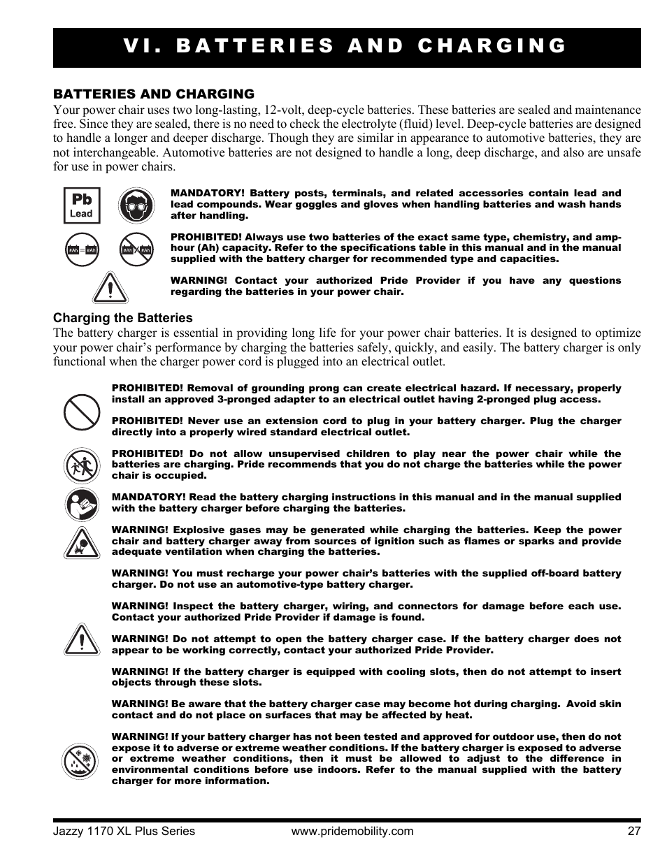 Vi. batteries and charging | Pride Mobility 1170XL Plus 2VHD User Manual | Page 27 / 40