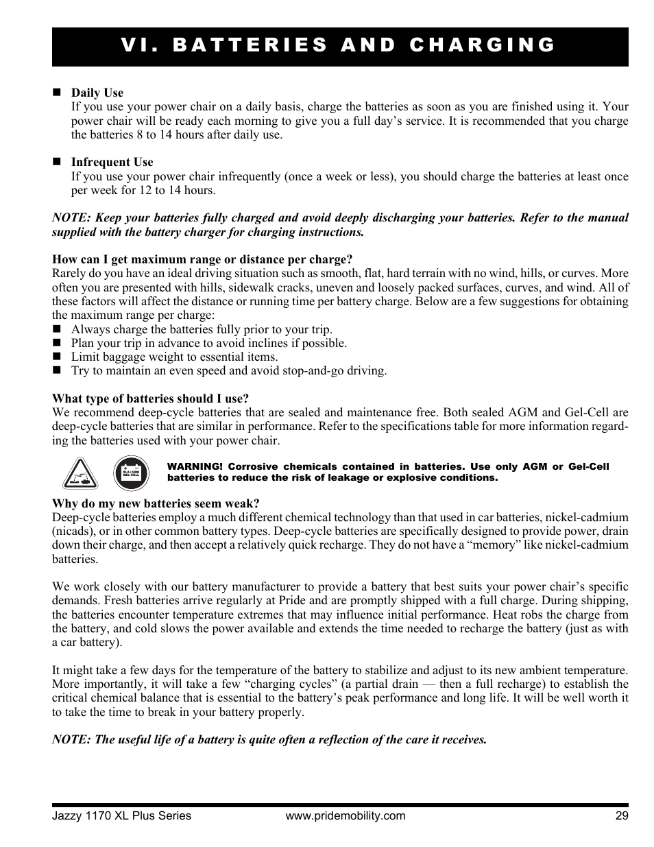 Vi. batteries and charging | Pride Mobility 1170XL Plus 2VHD User Manual | Page 29 / 40