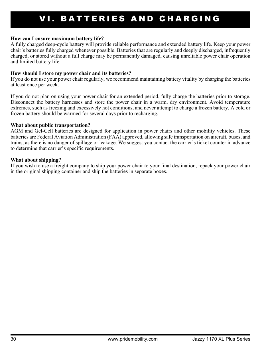 Vi. batteries and charging | Pride Mobility 1170XL Plus 2VHD User Manual | Page 30 / 40