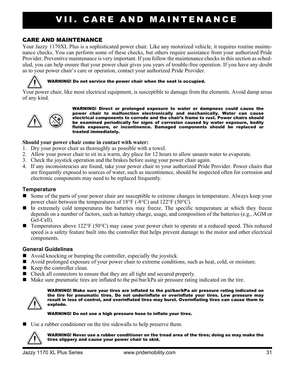 Vii. care and maintenance | Pride Mobility 1170XL Plus 2VHD User Manual | Page 31 / 40