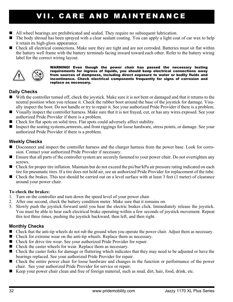 Vii. care and maintenance | Pride Mobility 1170XL Plus 2VHD User Manual | Page 32 / 40