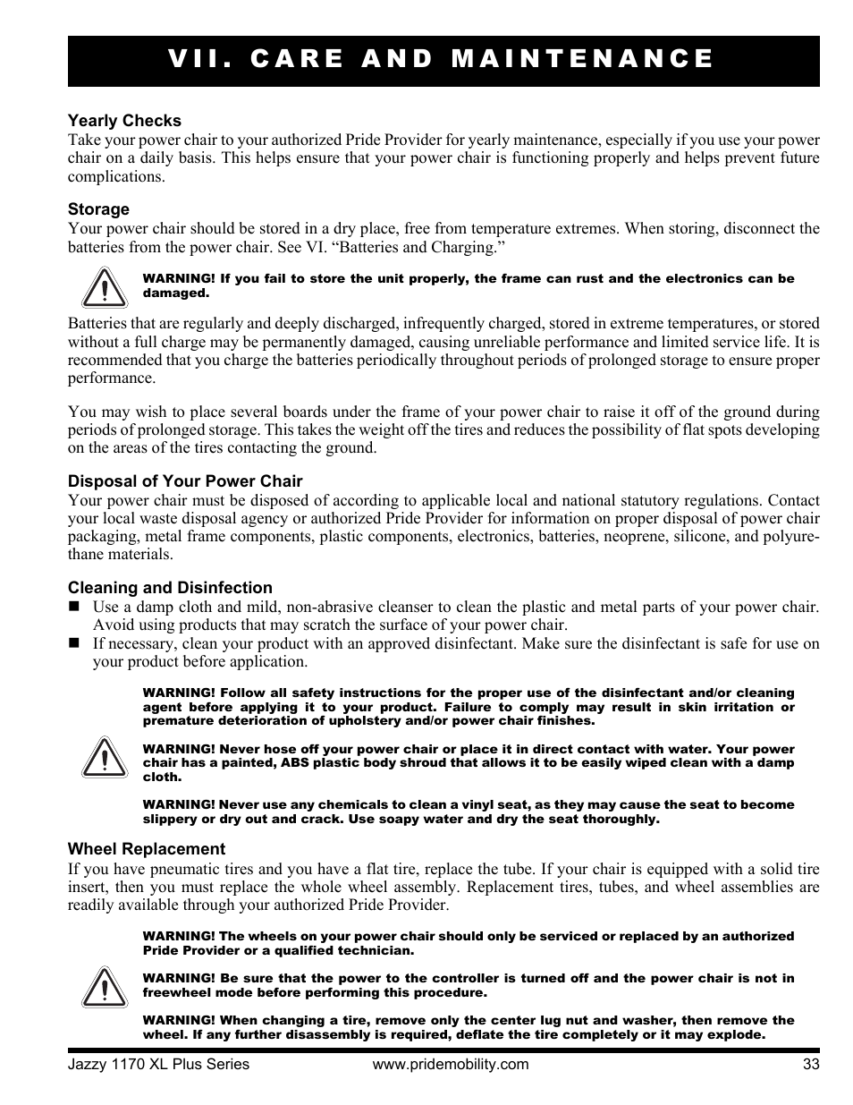 Vii. care and maintenance | Pride Mobility 1170XL Plus 2VHD User Manual | Page 33 / 40