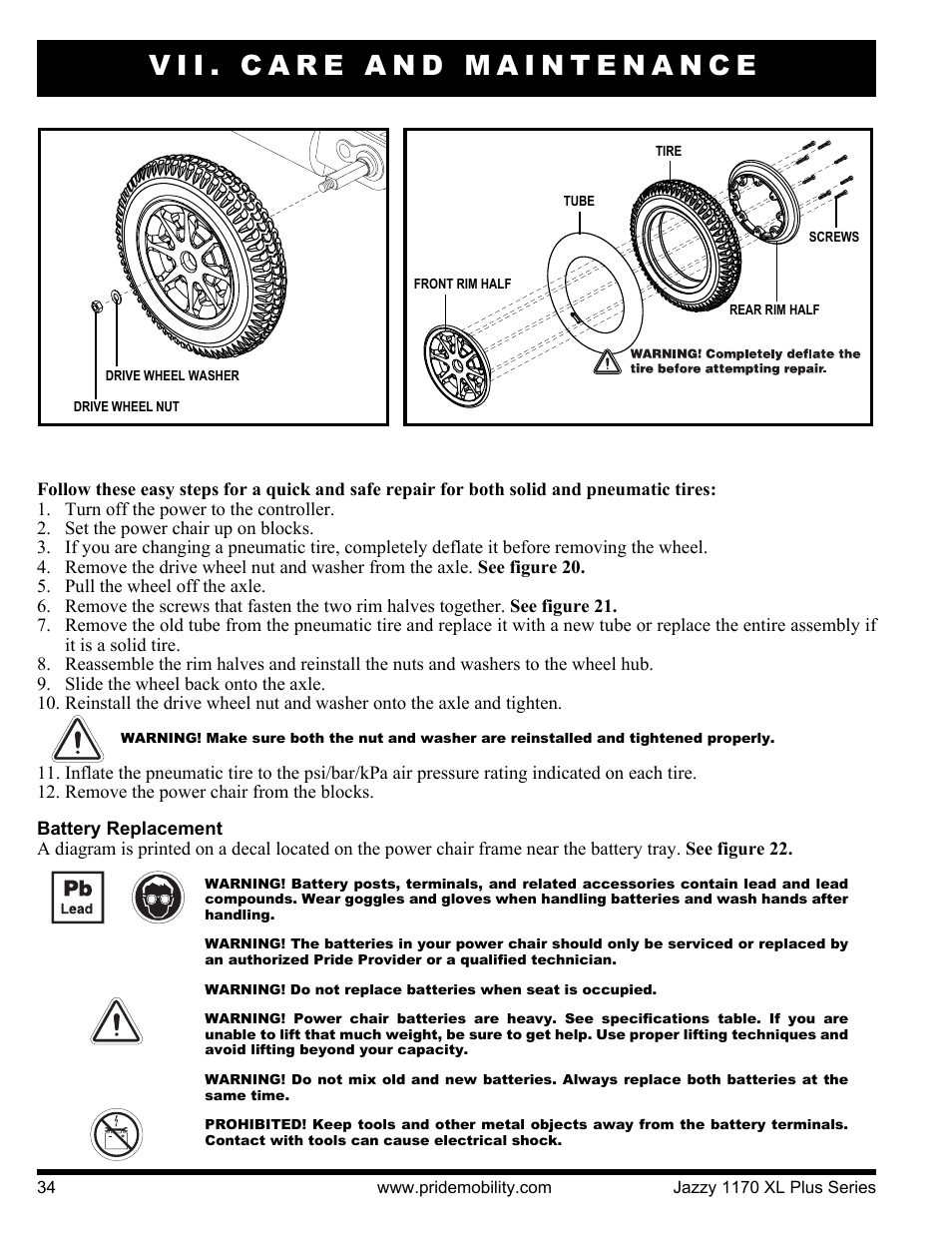 Vii. care and maintenance | Pride Mobility 1170XL Plus 2VHD User Manual | Page 34 / 40