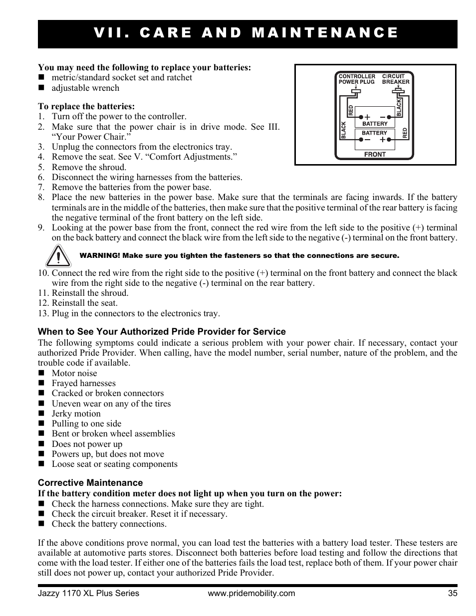 Vii. care and maintenance | Pride Mobility 1170XL Plus 2VHD User Manual | Page 35 / 40