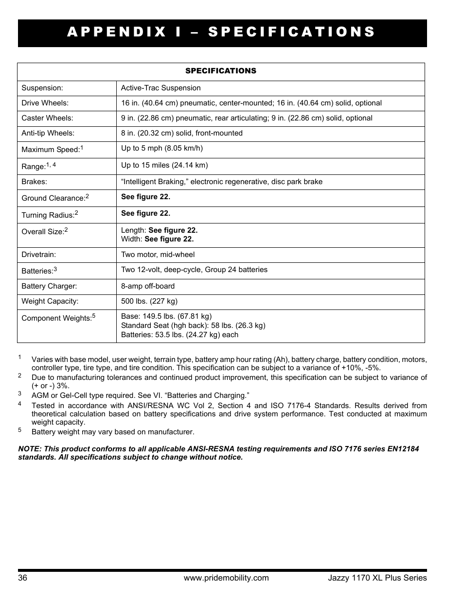 Appendix i – specifications | Pride Mobility 1170XL Plus 2VHD User Manual | Page 36 / 40