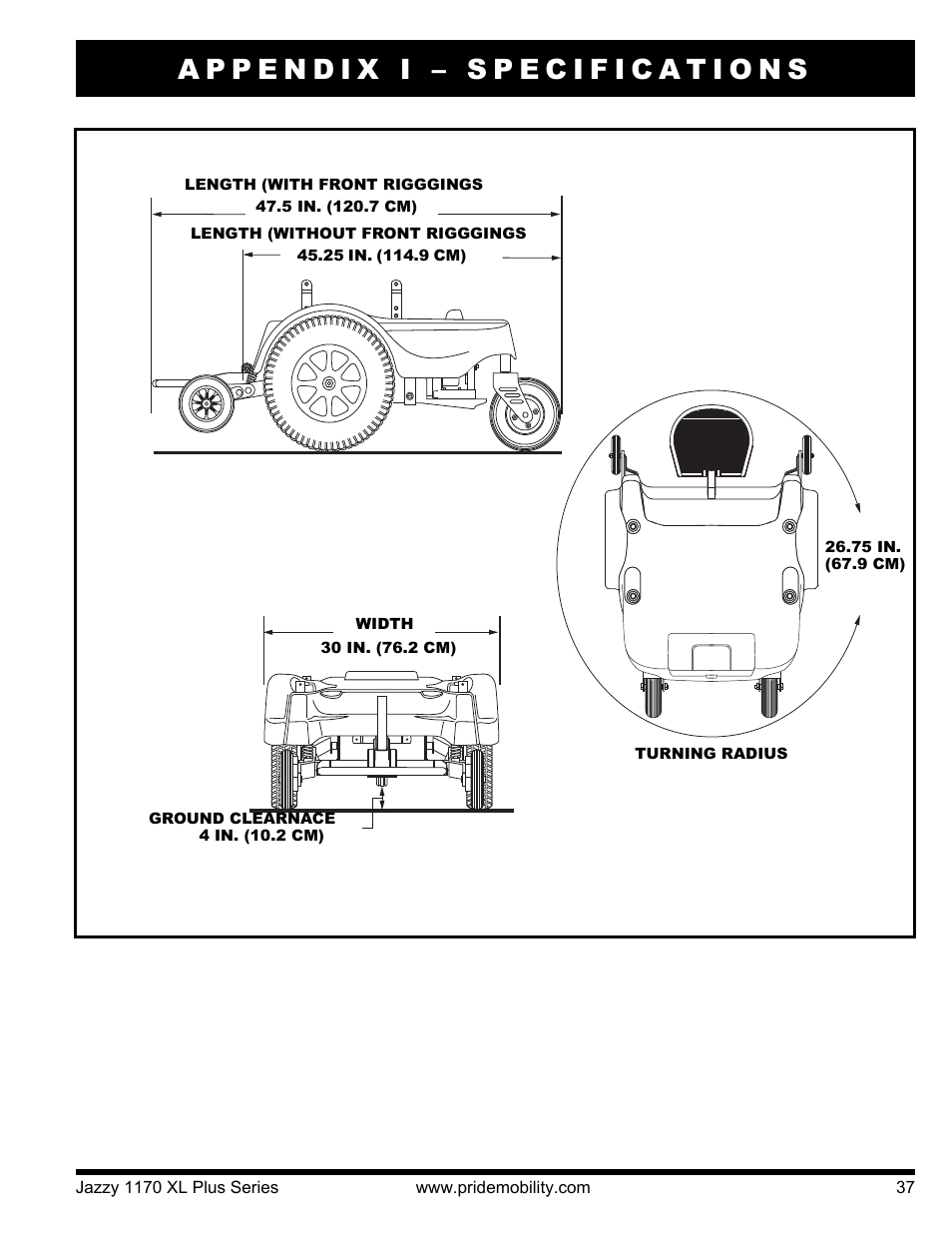 Appendix i – specifications | Pride Mobility 1170XL Plus 2VHD User Manual | Page 37 / 40