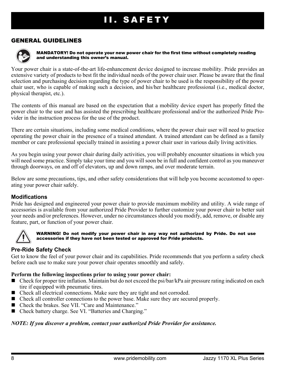 Ii. safety | Pride Mobility 1170XL Plus 2VHD User Manual | Page 8 / 40