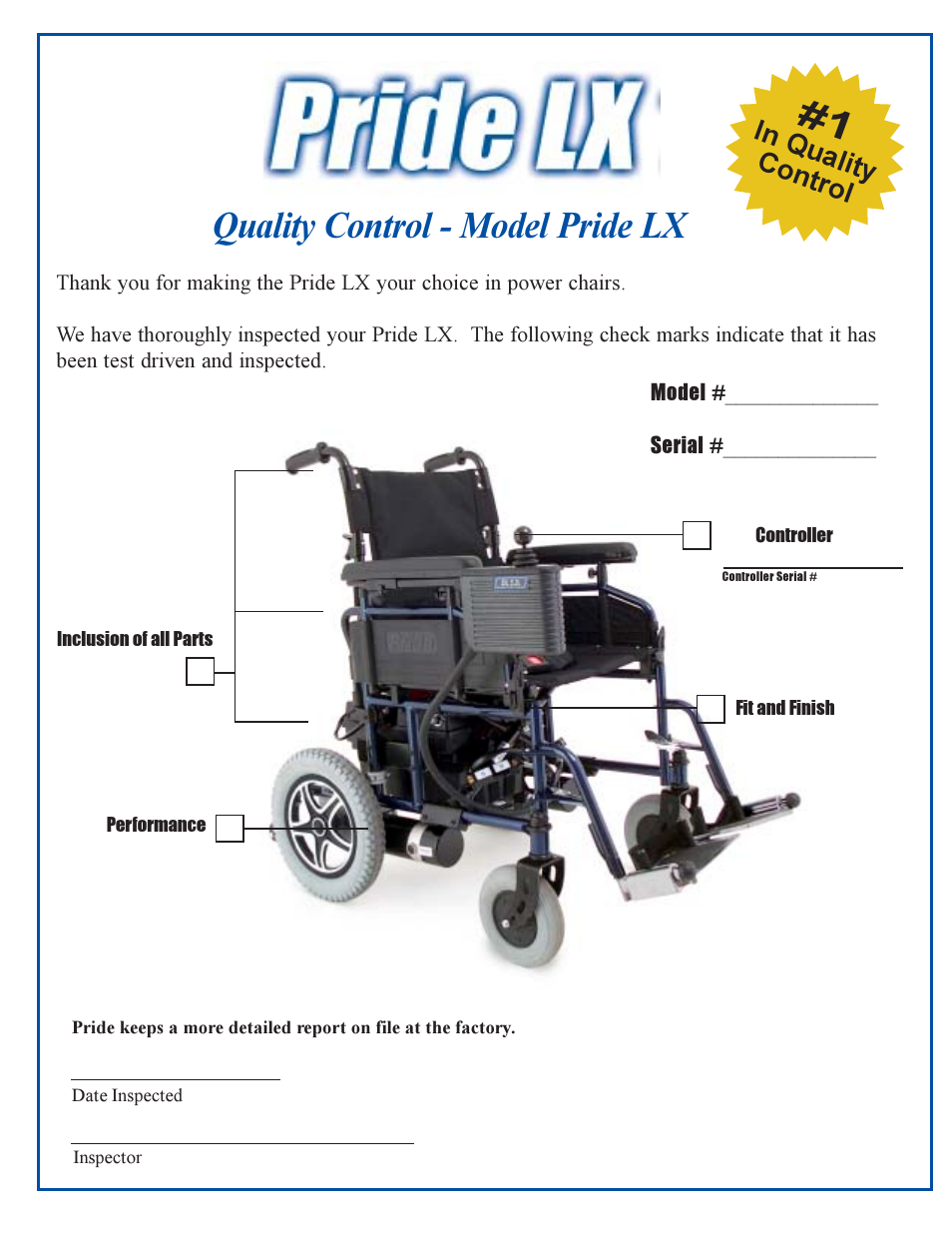 Quality control - model pride lx | Pride Mobility PRIDE LX12 User Manual | Page 38 / 38