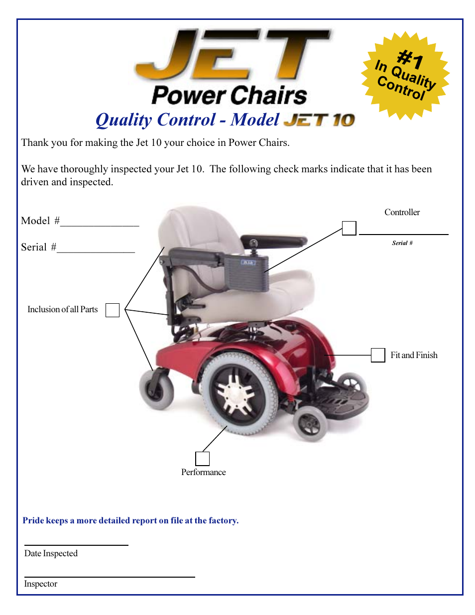 Quality control - model | Pride Mobility Jet 10 User Manual | Page 43 / 43