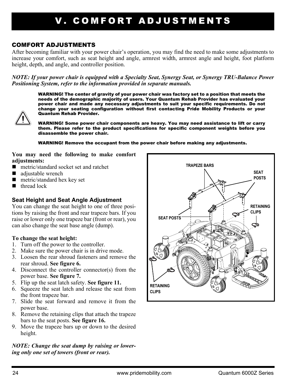 V. comfort adjustments | Pride Mobility 6000Z 4S User Manual | Page 24 / 40