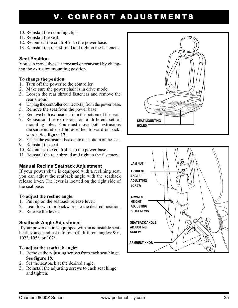 V. comfort adjustments | Pride Mobility 6000Z 4S User Manual | Page 25 / 40