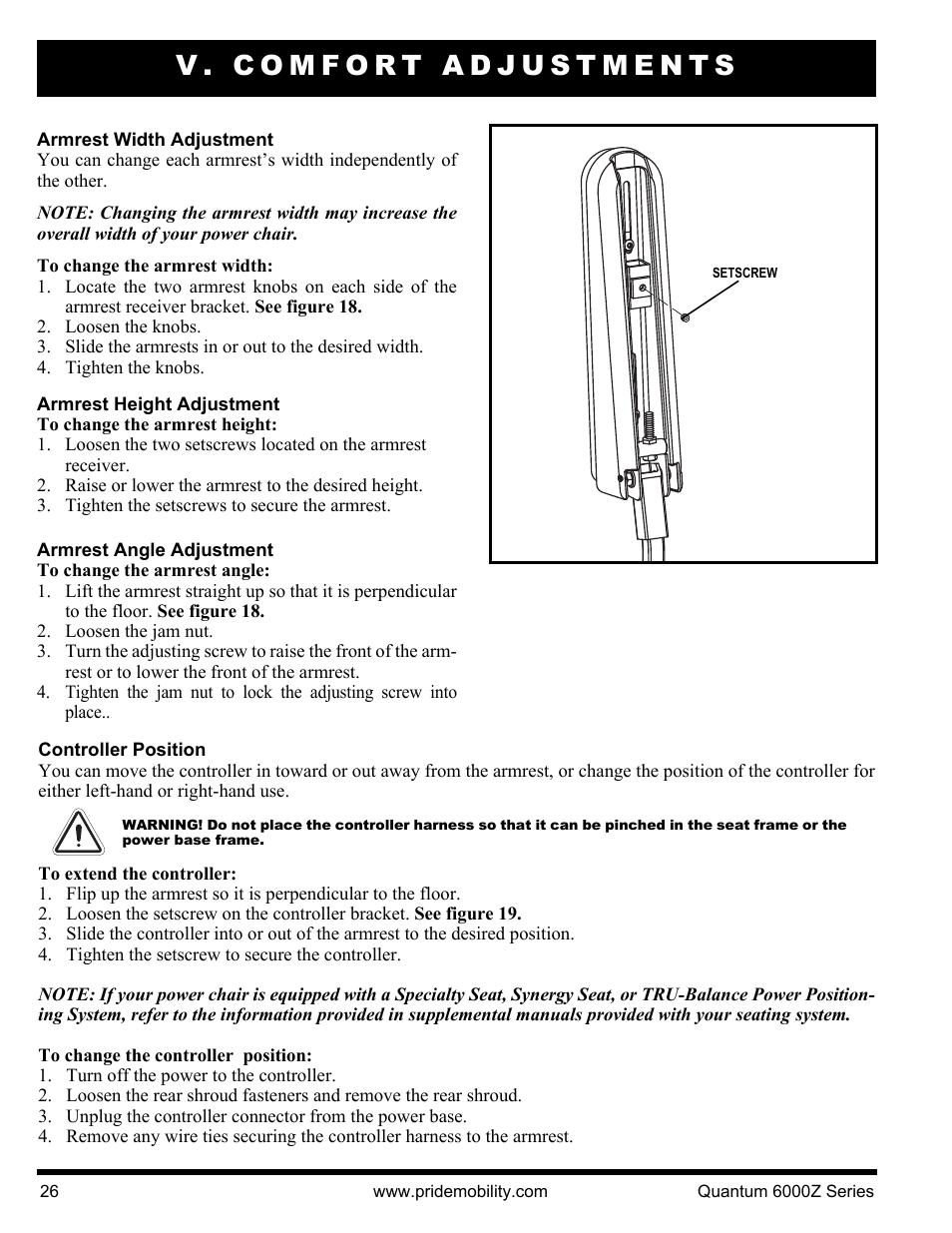 V. comfort adjustments | Pride Mobility 6000Z 4S User Manual | Page 26 / 40