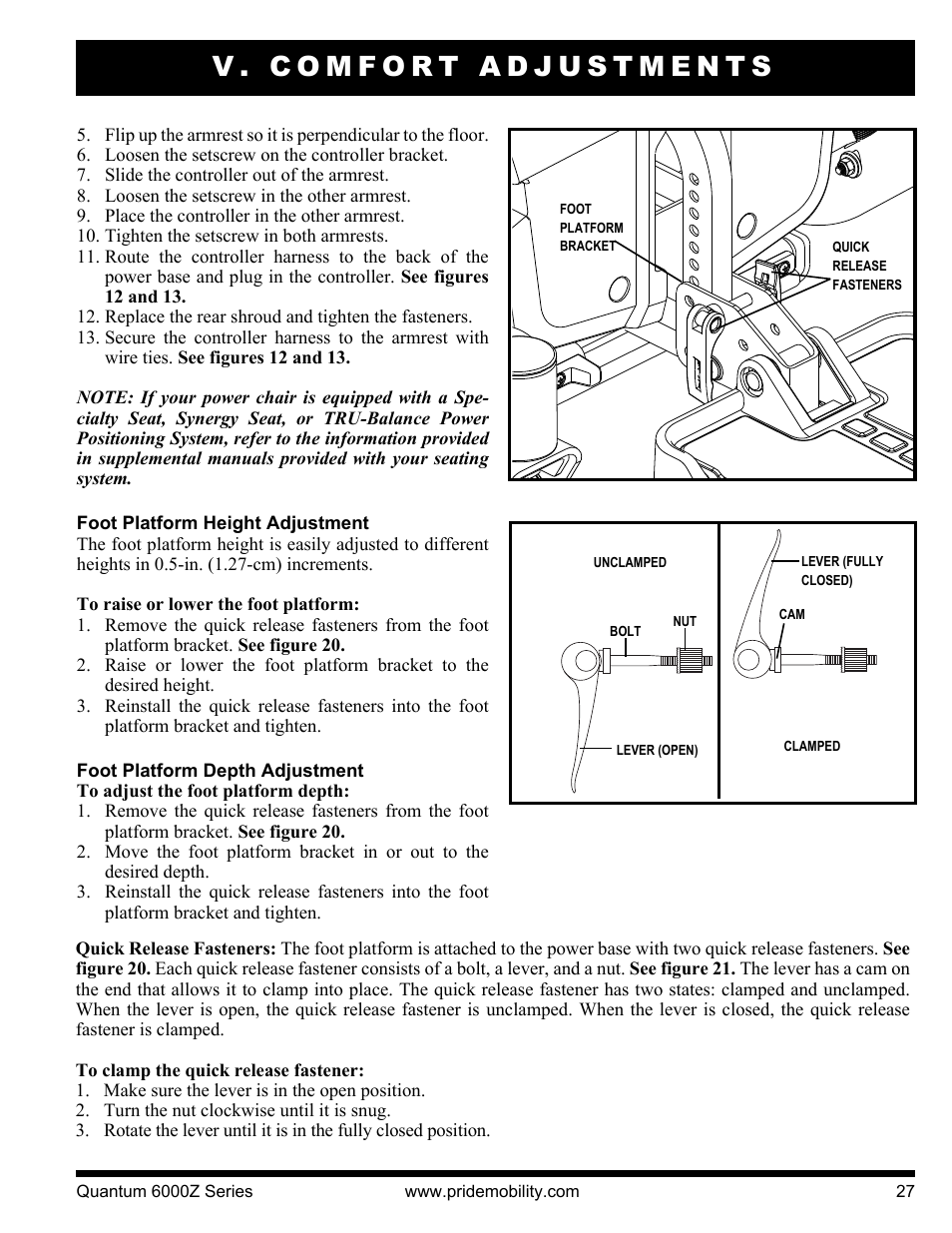 V. comfort adjustments | Pride Mobility 6000Z 4S User Manual | Page 27 / 40