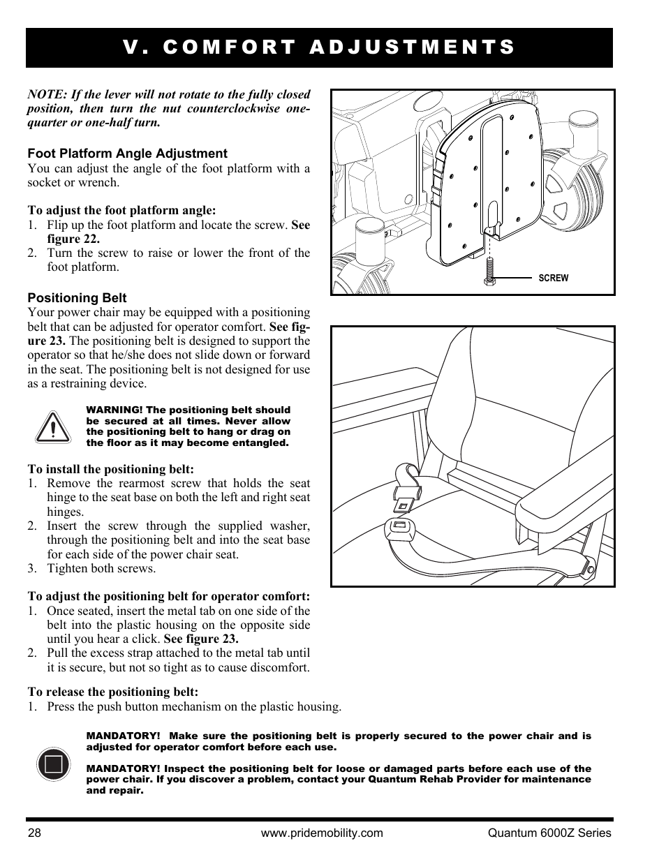 V. comfort adjustments | Pride Mobility 6000Z 4S User Manual | Page 28 / 40