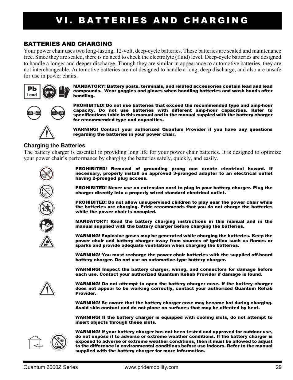 Vi. batteries and charging | Pride Mobility 6000Z 4S User Manual | Page 29 / 40