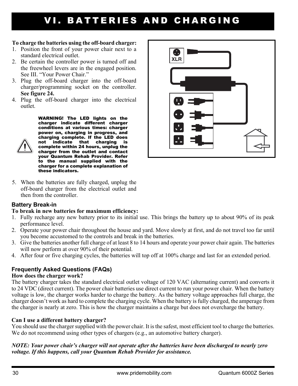 Vi. batteries and charging | Pride Mobility 6000Z 4S User Manual | Page 30 / 40