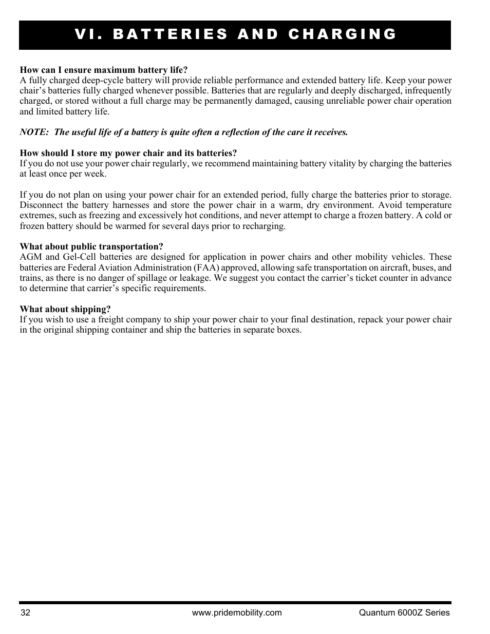 Vi. batteries and charging | Pride Mobility 6000Z 4S User Manual | Page 32 / 40