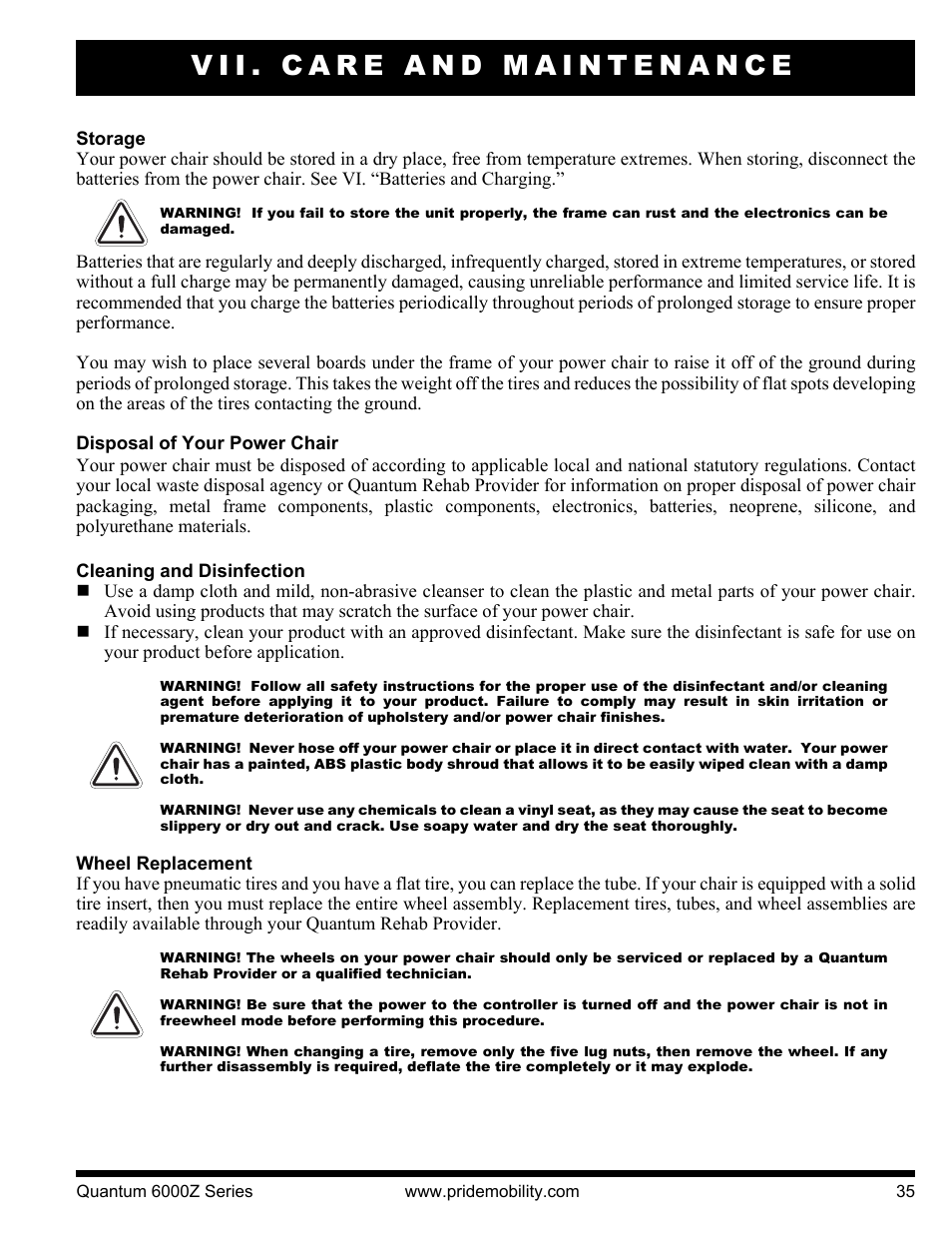 Vii. care and maintenance | Pride Mobility 6000Z 4S User Manual | Page 35 / 40