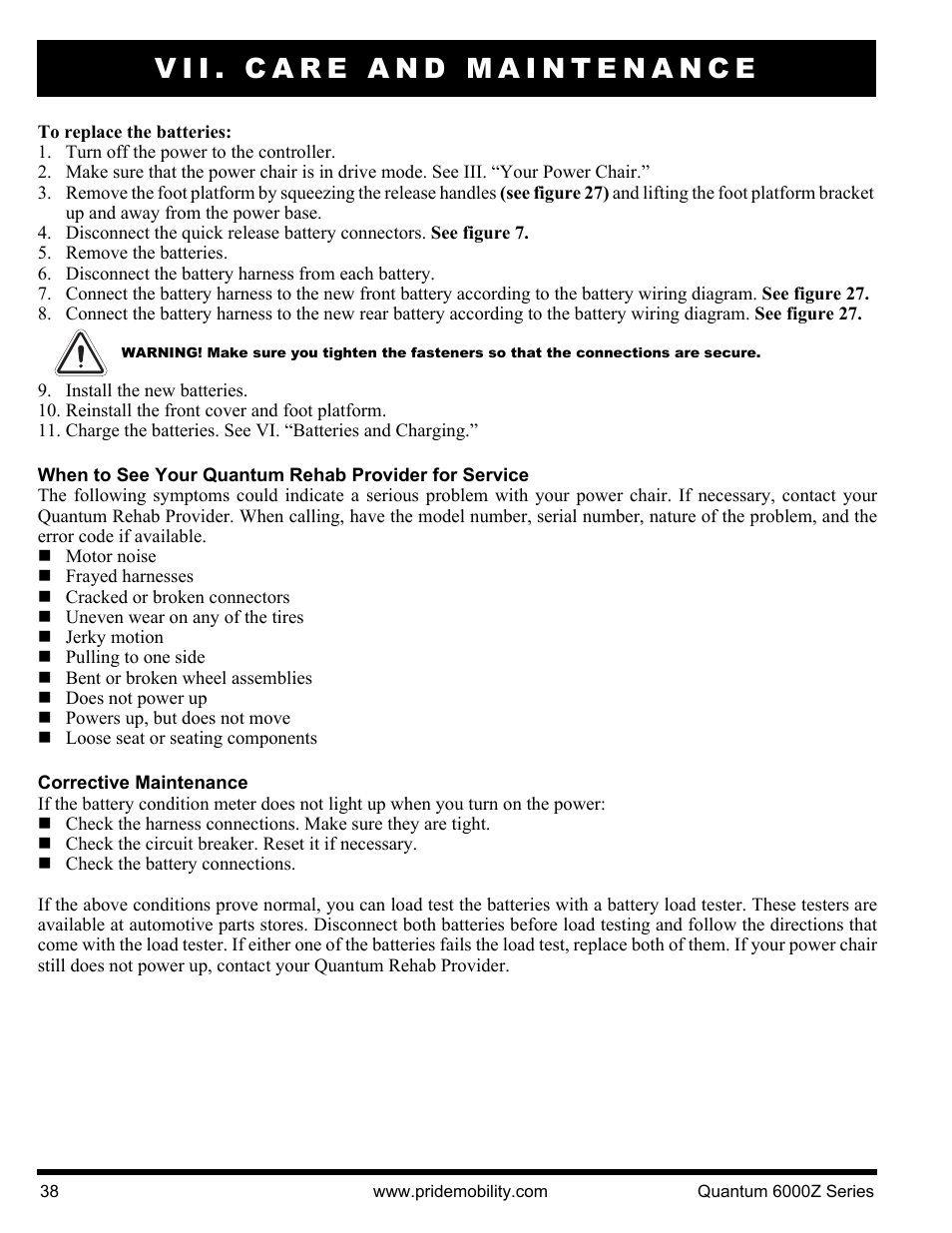 Vii. care and maintenance | Pride Mobility 6000Z 4S User Manual | Page 38 / 40