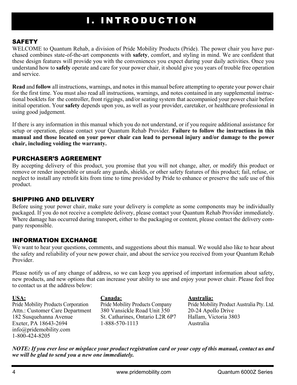 I. introduction | Pride Mobility 6000Z 4S User Manual | Page 4 / 40