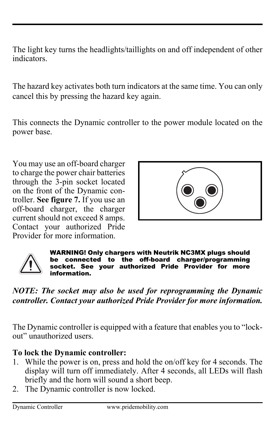 Controller connector, Off-board charger/programming socket, Lock mode | Pride Mobility Dynamic Controller INFMANU3676 User Manual | Page 16 / 20
