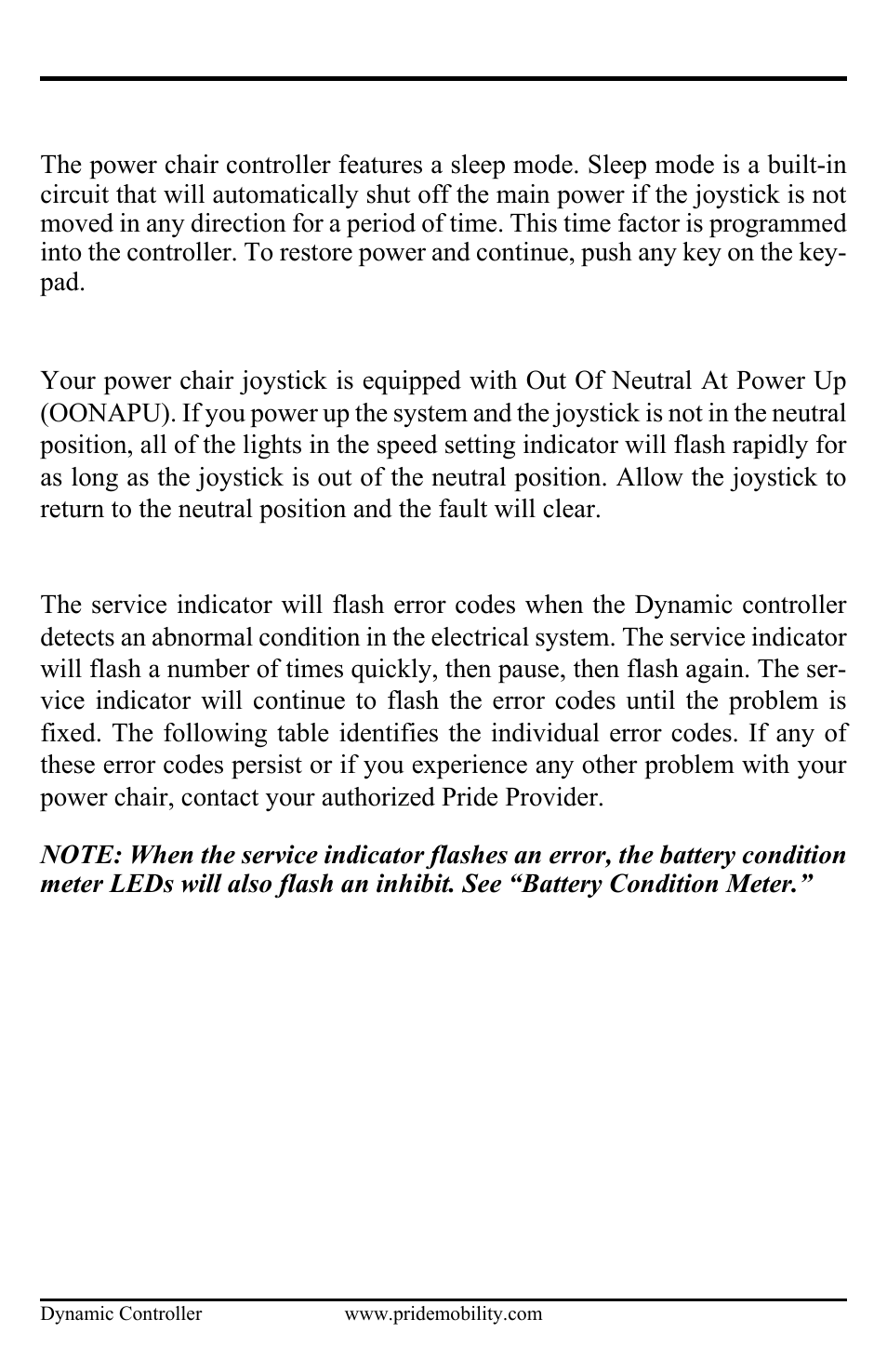 Sleep mode (if enabled), Out of neutral at power up (oonapu), Error codes | Pride Mobility Dynamic Controller INFMANU3676 User Manual | Page 18 / 20