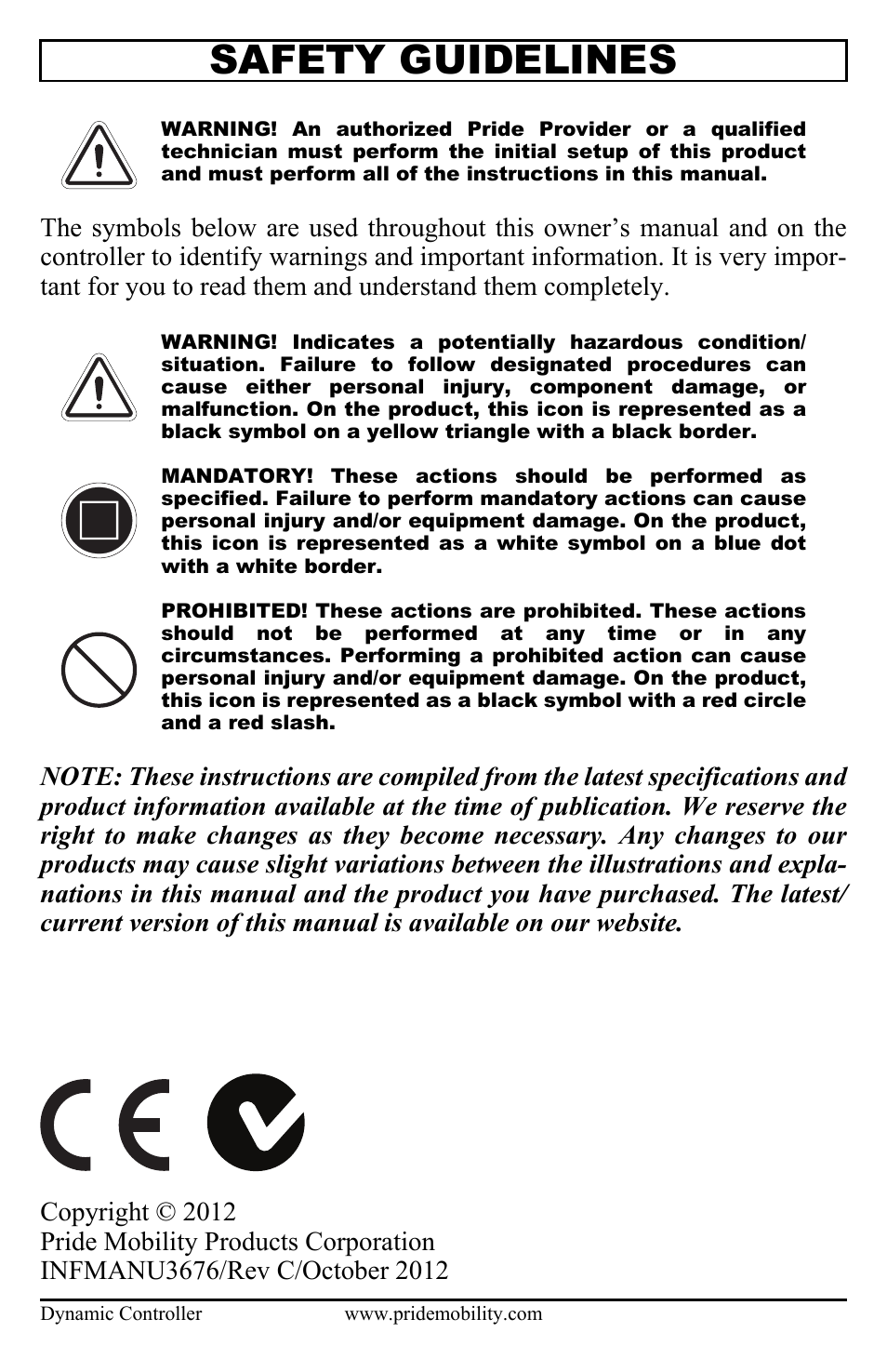 Safety guidelines | Pride Mobility Dynamic Controller INFMANU3676 User Manual | Page 2 / 20