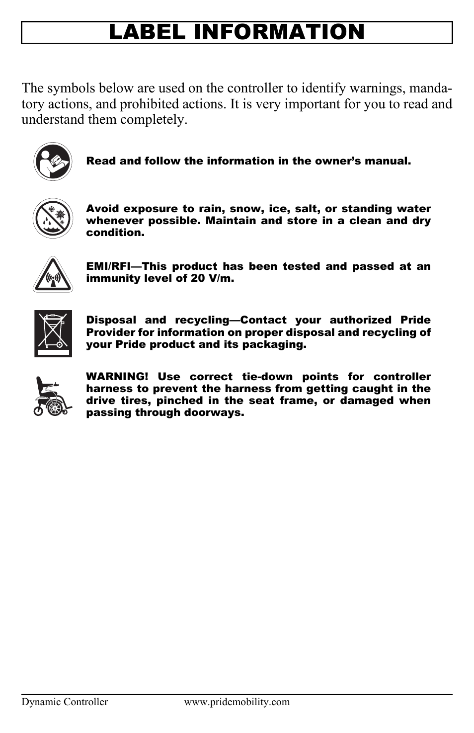 Product safety symbols, Label information | Pride Mobility Dynamic Controller INFMANU3676 User Manual | Page 4 / 20