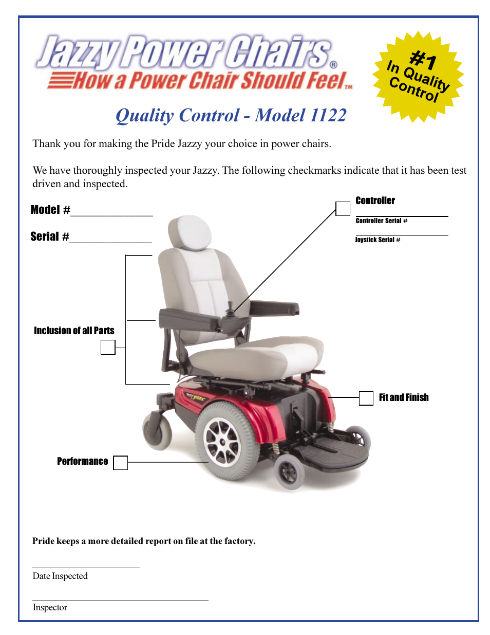 Quality control - model 1122 | Pride Mobility Jazzy 1122 User Manual | Page 56 / 56