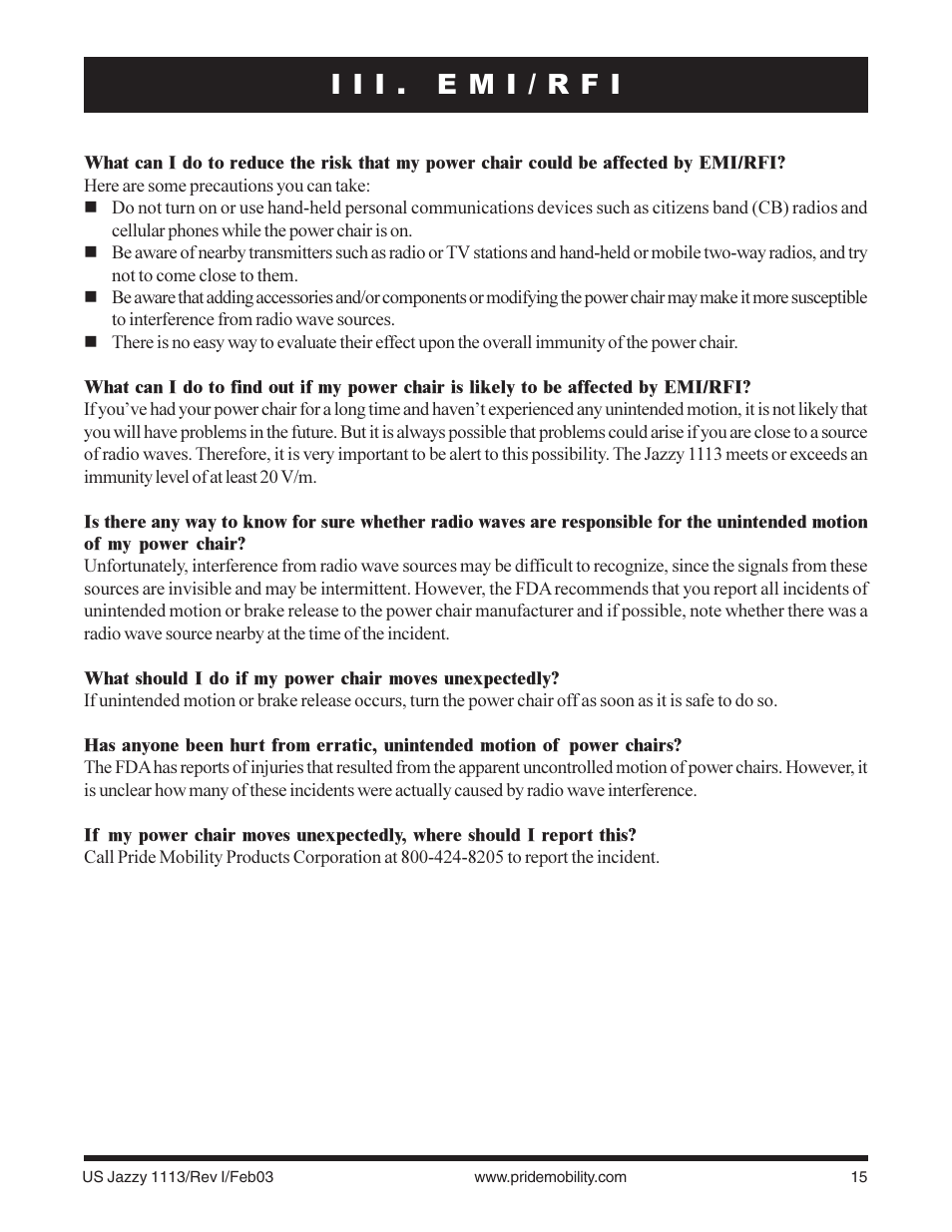I i i . e m i / r f i | Pride Mobility Jazzy 1113 User Manual | Page 15 / 60