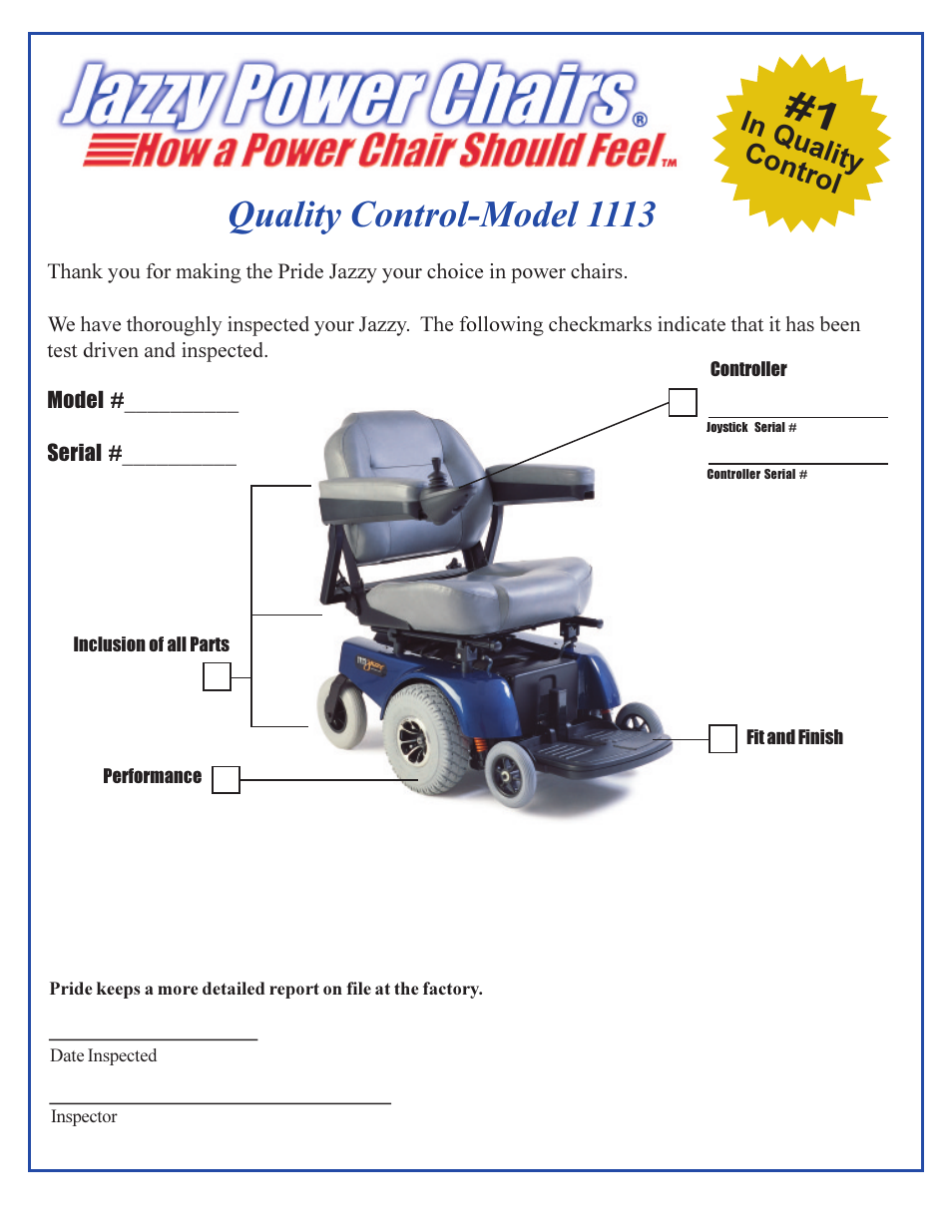 Quality control-model 1113 | Pride Mobility Jazzy 1113 User Manual | Page 60 / 60