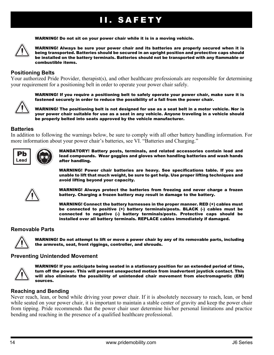 Ii. safety | Pride Mobility J6 2S User Manual | Page 14 / 44