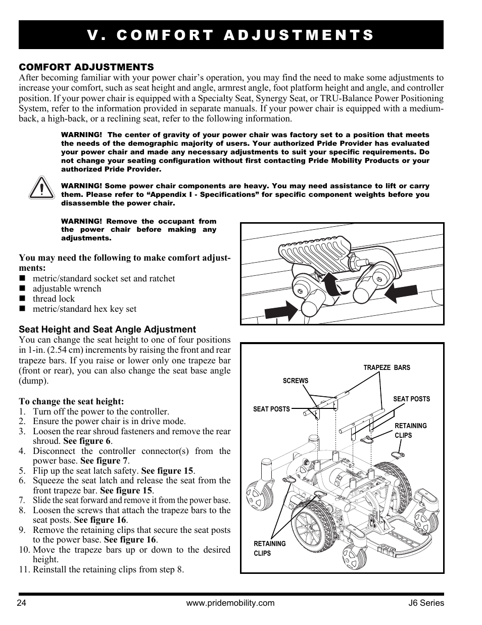 V. comfort adjustments | Pride Mobility J6 2S User Manual | Page 24 / 44