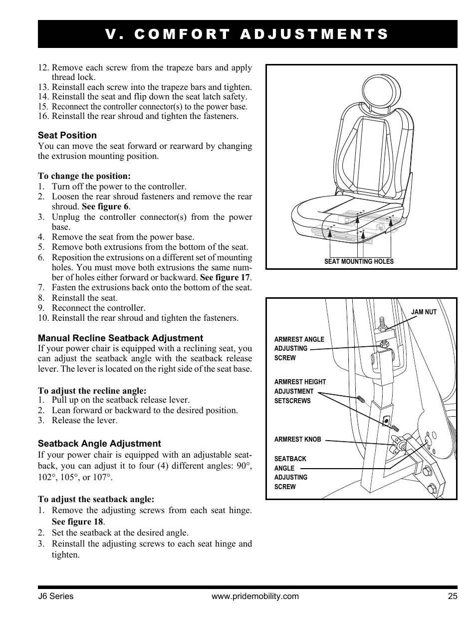 V. comfort adjustments | Pride Mobility J6 2S User Manual | Page 25 / 44