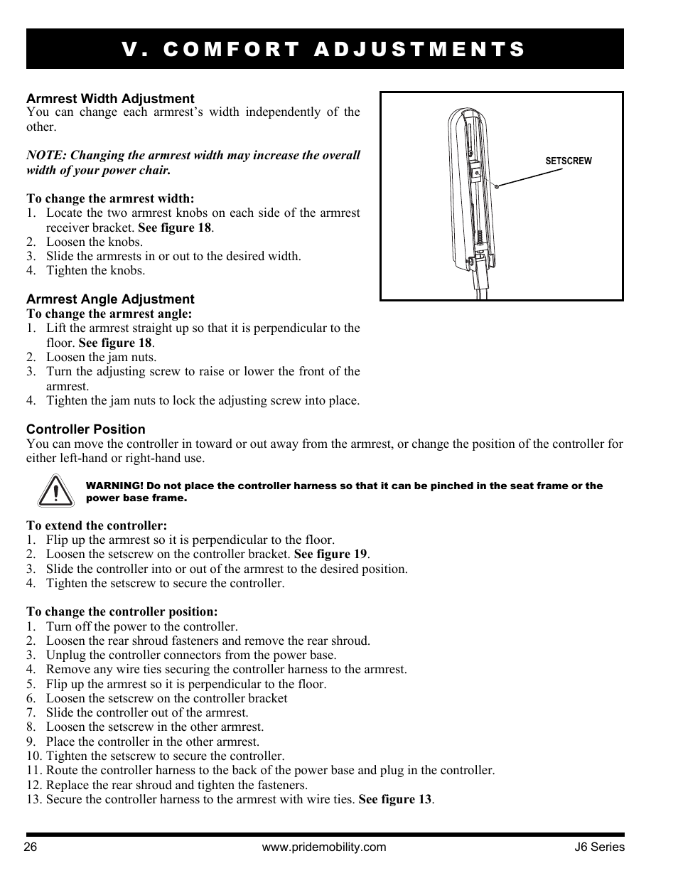 V. comfort adjustments | Pride Mobility J6 2S User Manual | Page 26 / 44