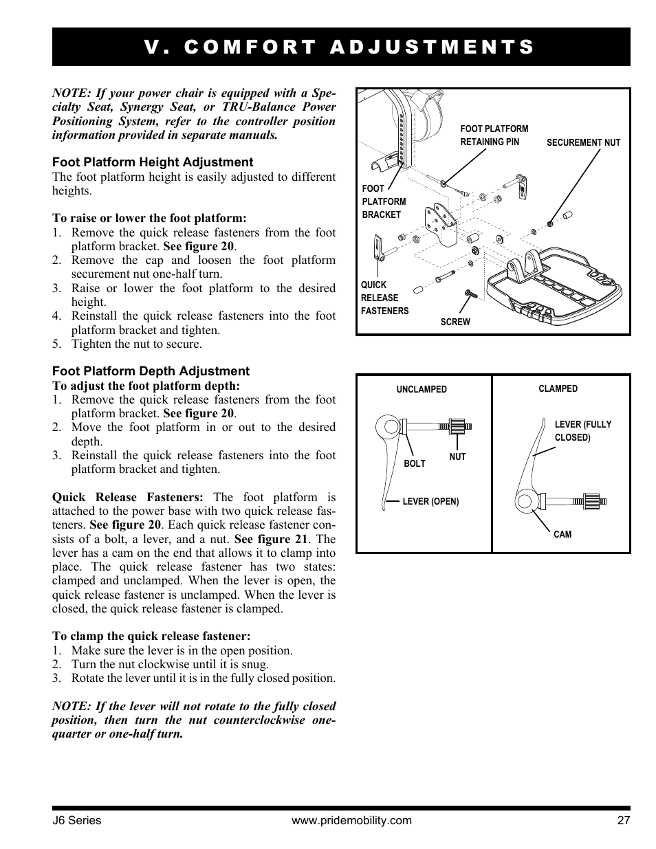 V. comfort adjustments | Pride Mobility J6 2S User Manual | Page 27 / 44