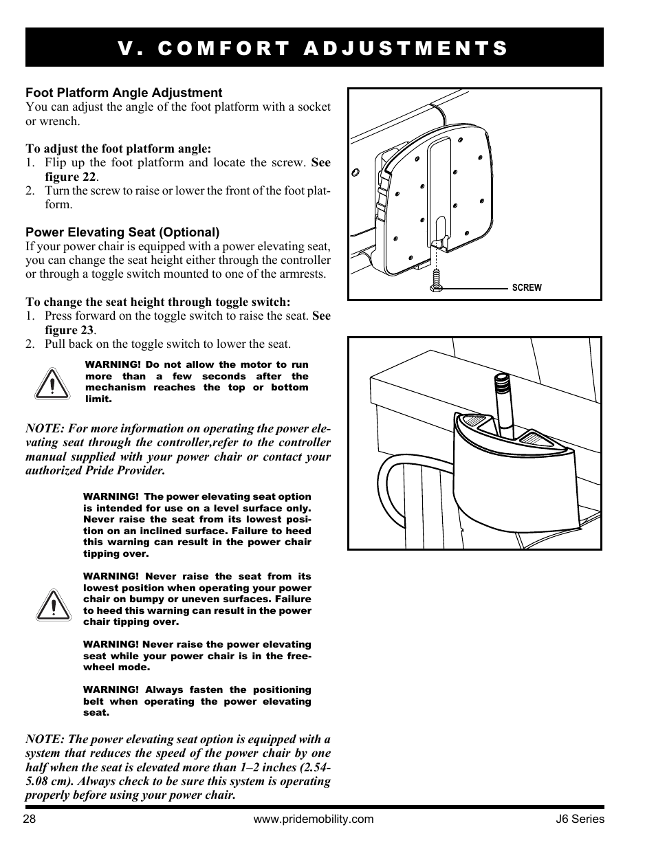 V. comfort adjustments | Pride Mobility J6 2S User Manual | Page 28 / 44