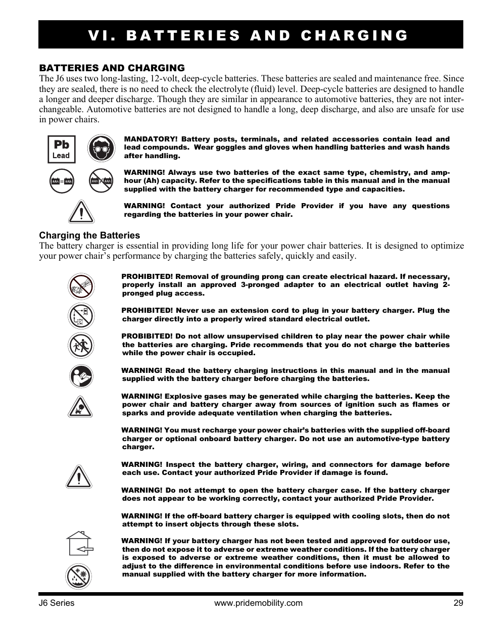Vi. batteries and charging | Pride Mobility J6 2S User Manual | Page 29 / 44