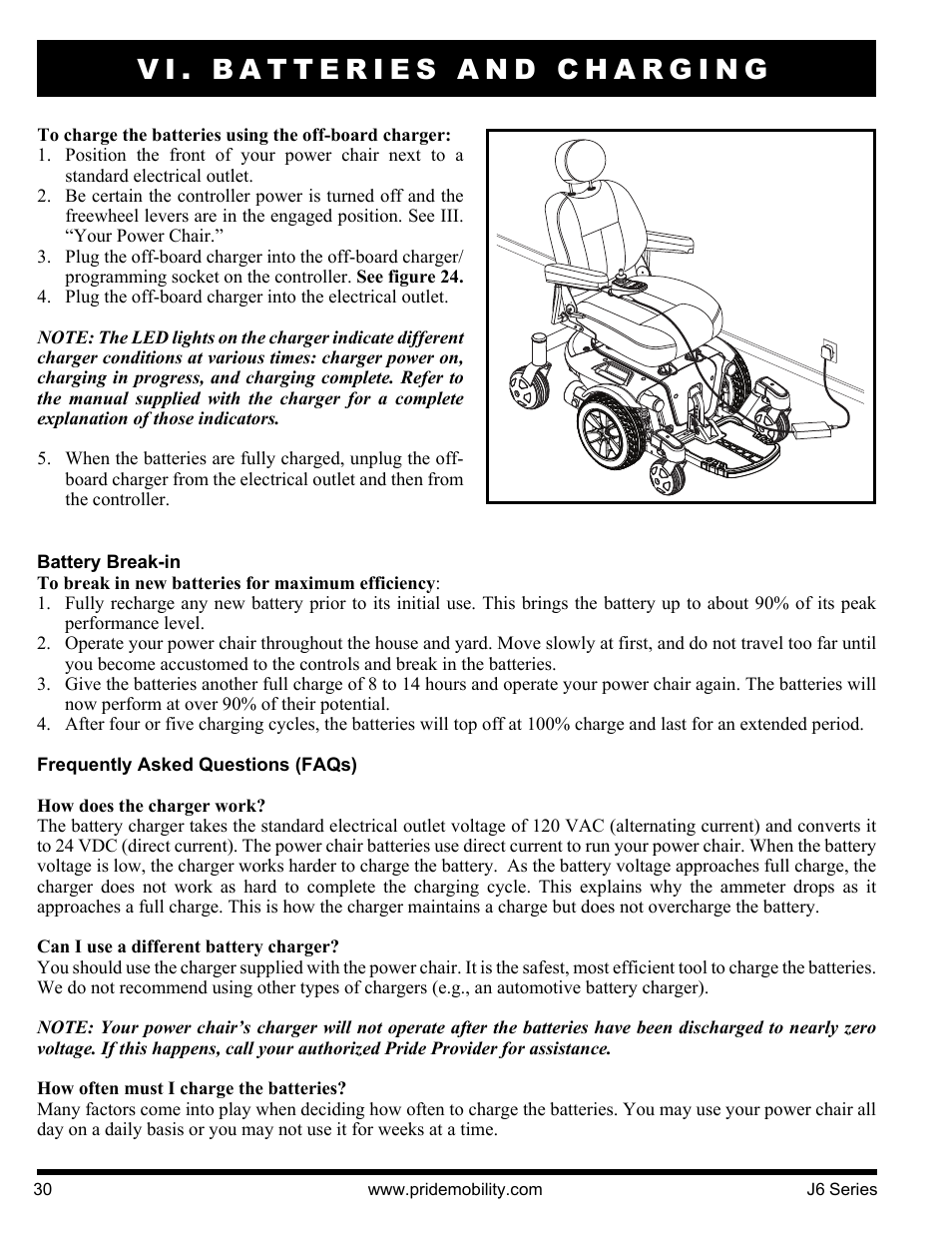 Vi. batteries and charging | Pride Mobility J6 2S User Manual | Page 30 / 44