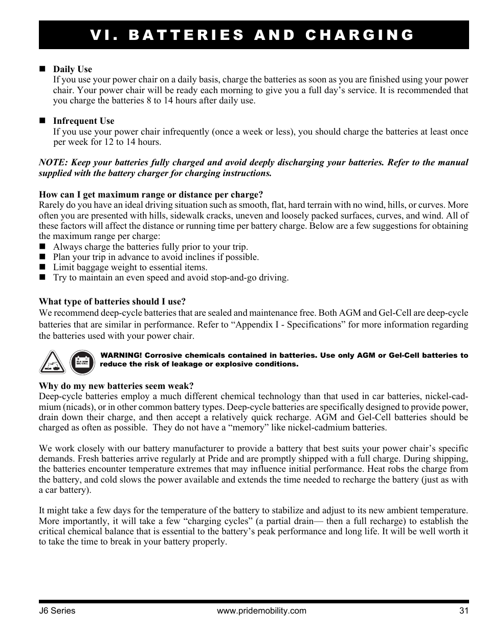 Vi. batteries and charging | Pride Mobility J6 2S User Manual | Page 31 / 44