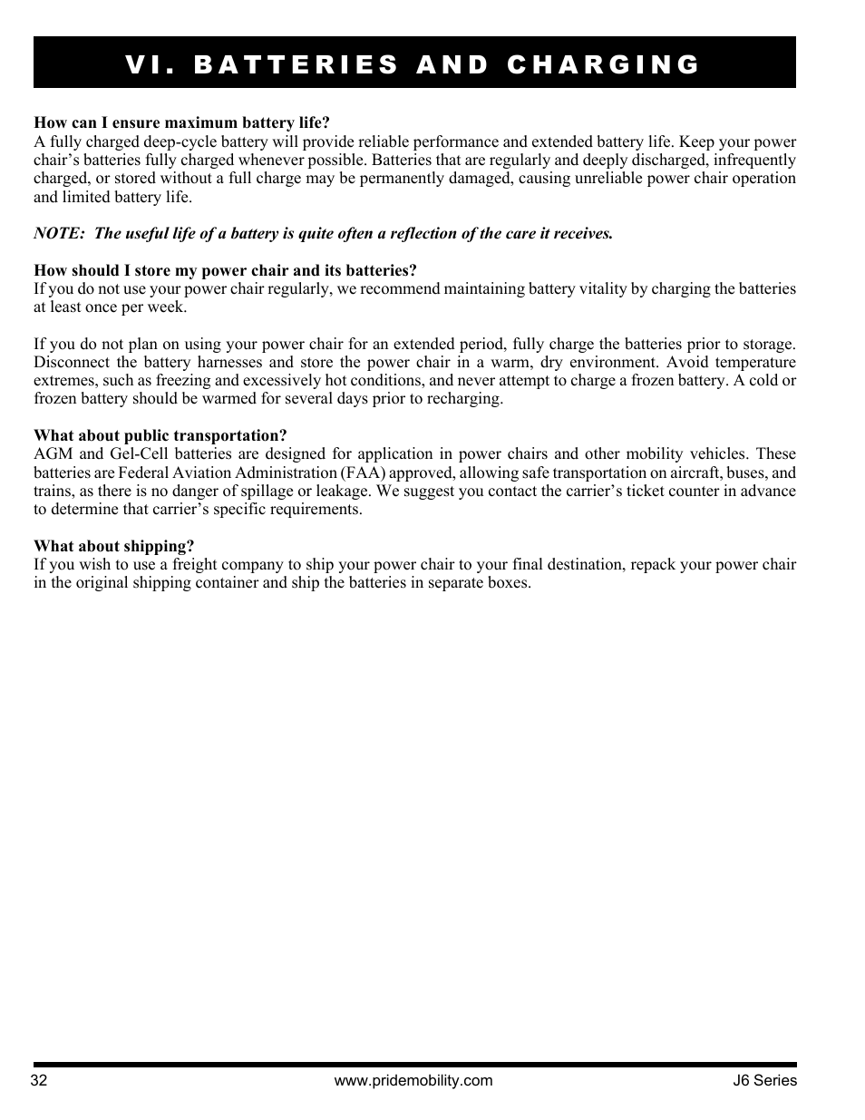 Vi. batteries and charging | Pride Mobility J6 2S User Manual | Page 32 / 44