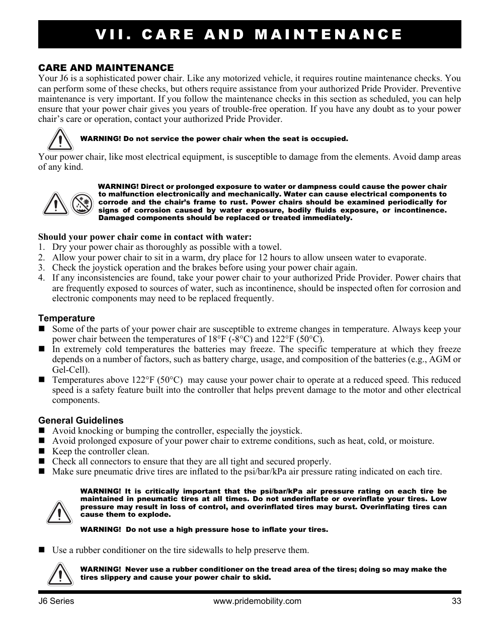 Vii. care and maintenance | Pride Mobility J6 2S User Manual | Page 33 / 44