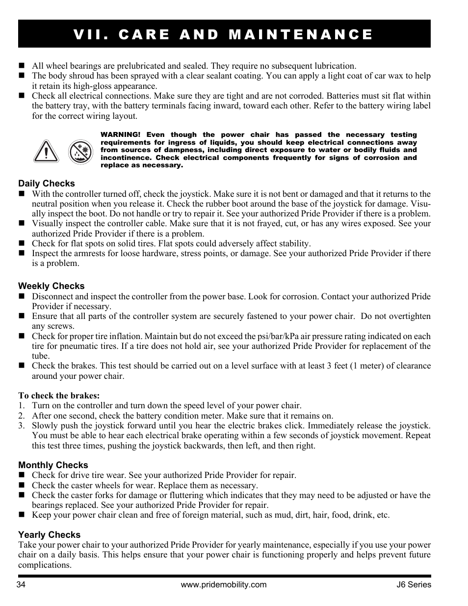 Vii. care and maintenance | Pride Mobility J6 2S User Manual | Page 34 / 44